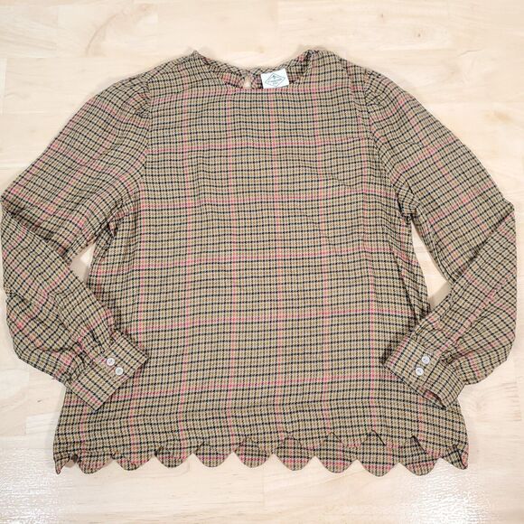 St. John's Bay Petite Sz PS Scallop Hem Long Sleeve Blouse Herringbone Plaid - Picture 2 of 8